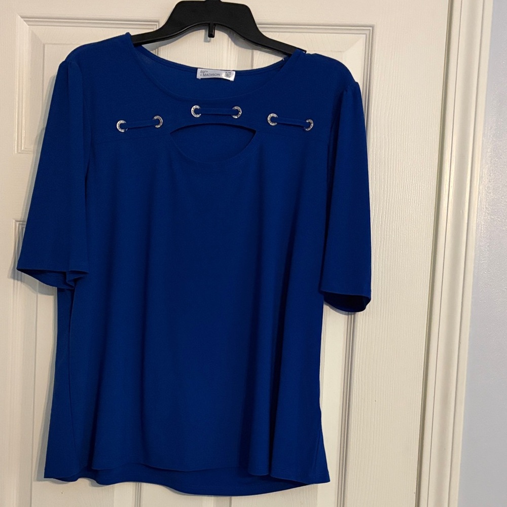 89th & Madison Royal Blue Short Sleeve Top with Grommet Tie Detail